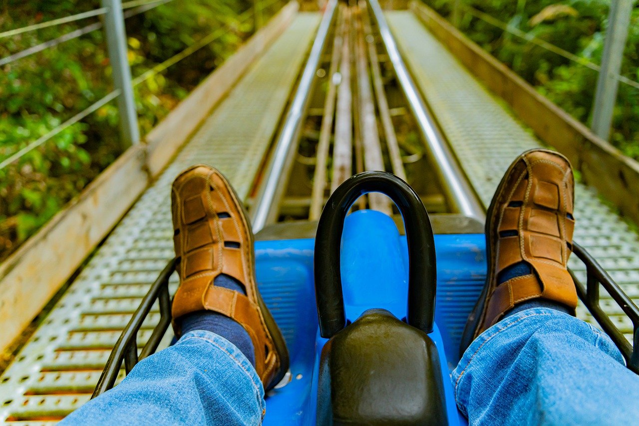 A first person view of a man on the Mustang Mountain Coaster